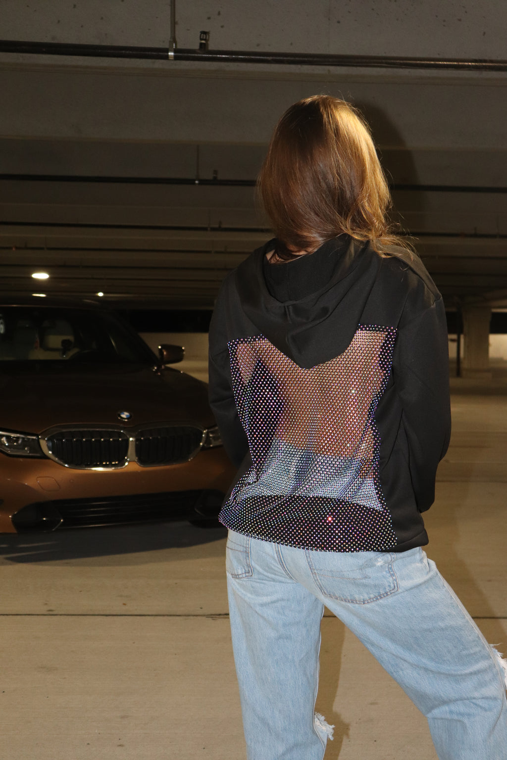 Backless Rhinestone Fishnet Hoodie