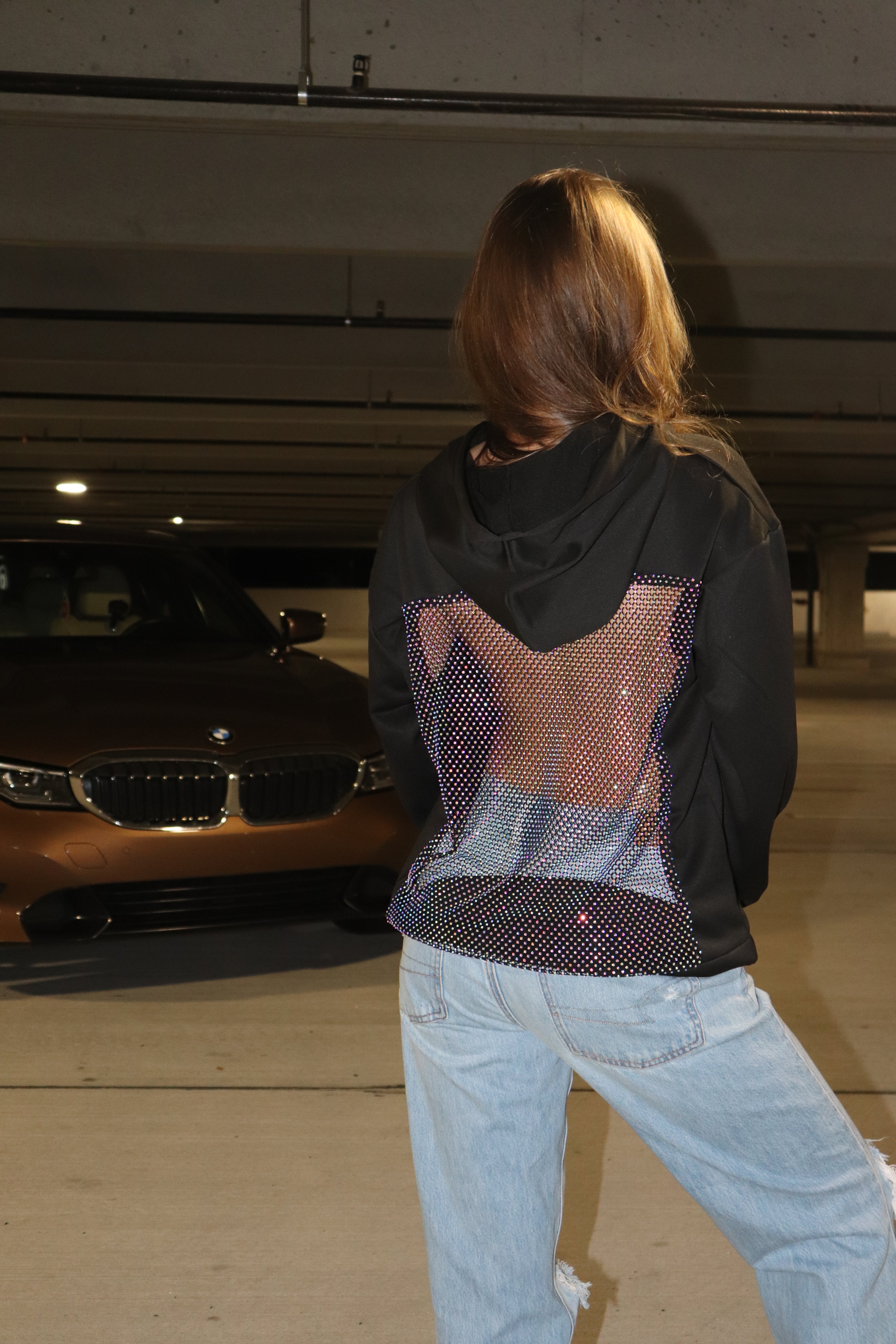 Backless Rhinestone Fishnet Hoodie