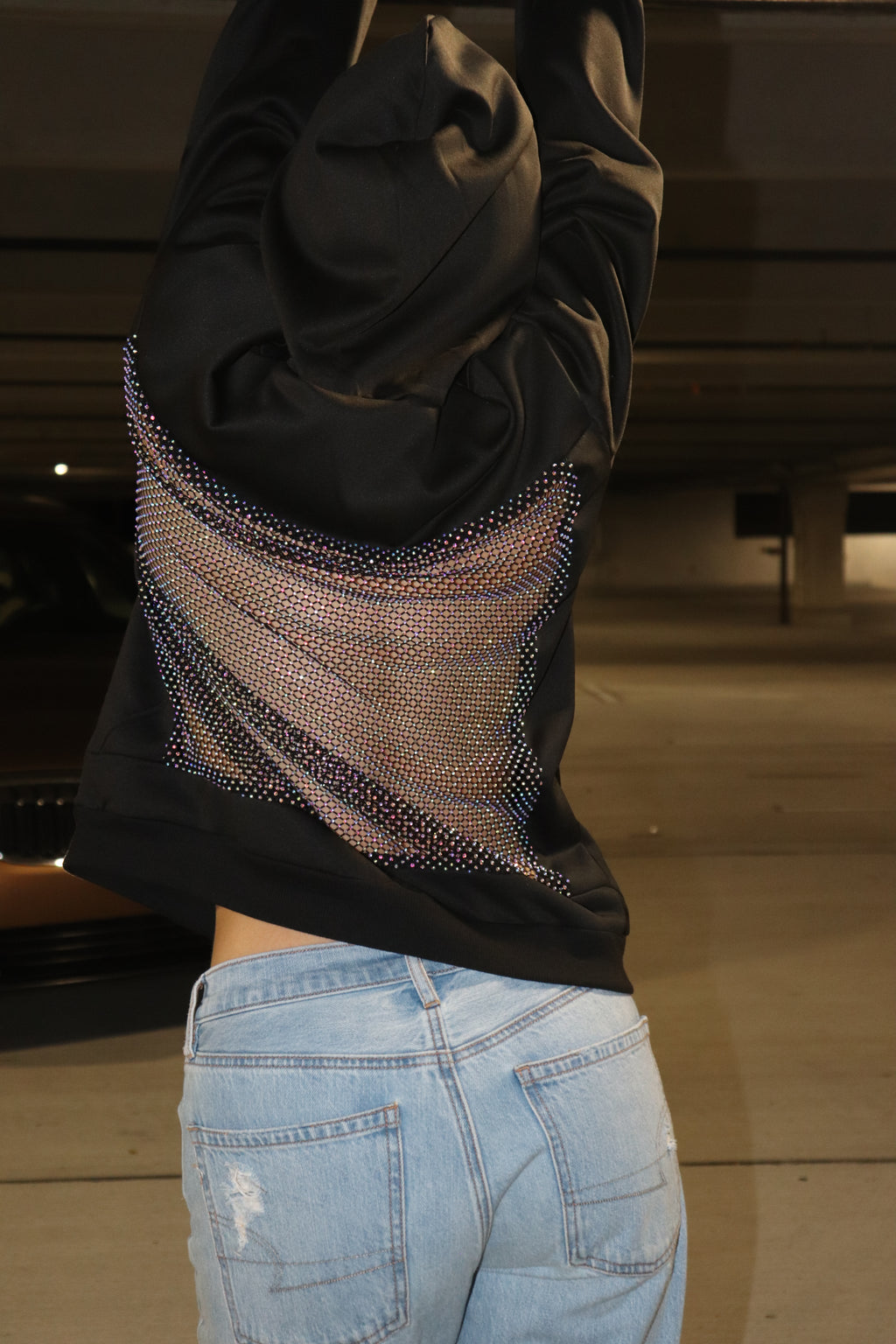 Backless Rhinestone Fishnet Hoodie