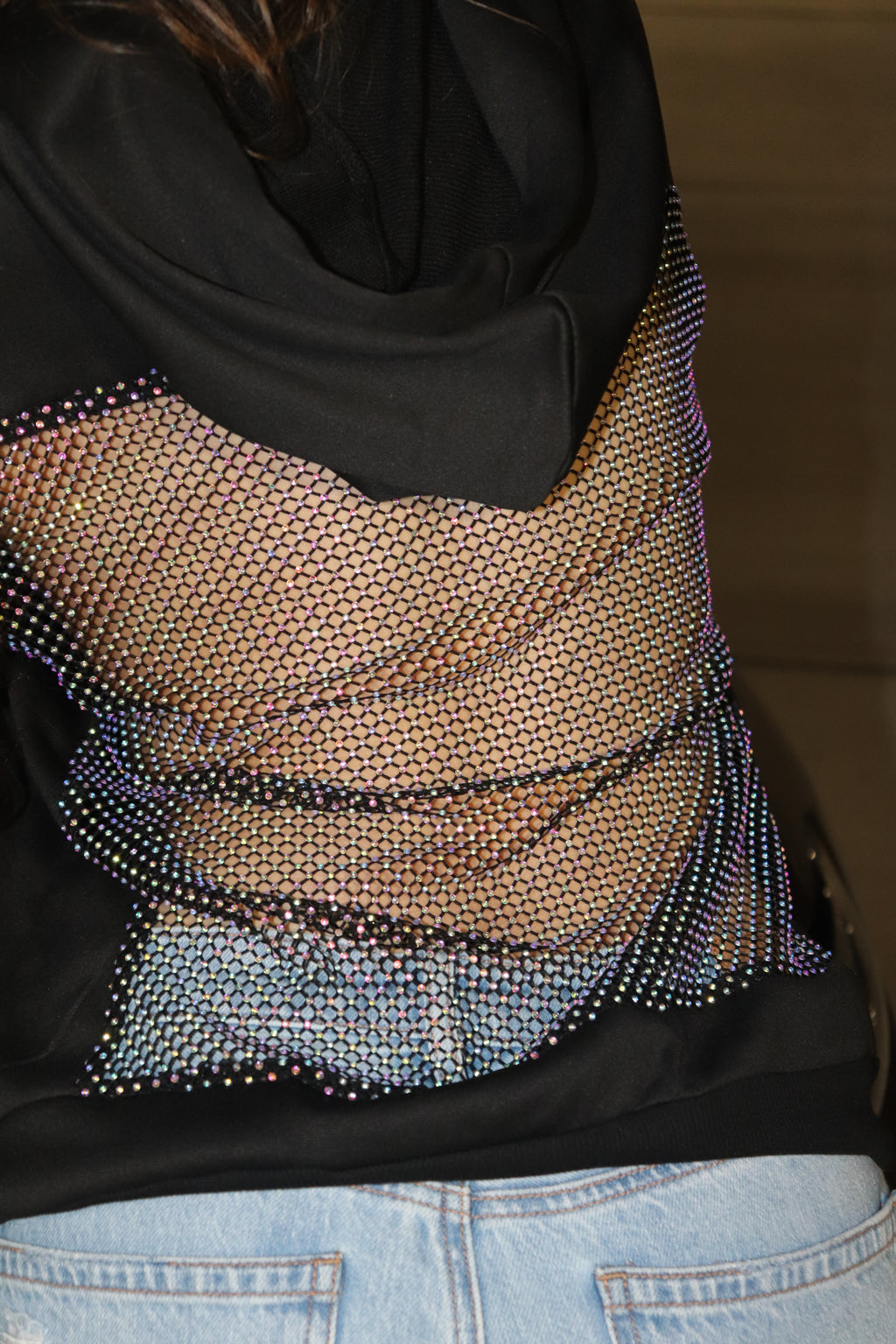 Backless Rhinestone Fishnet Hoodie