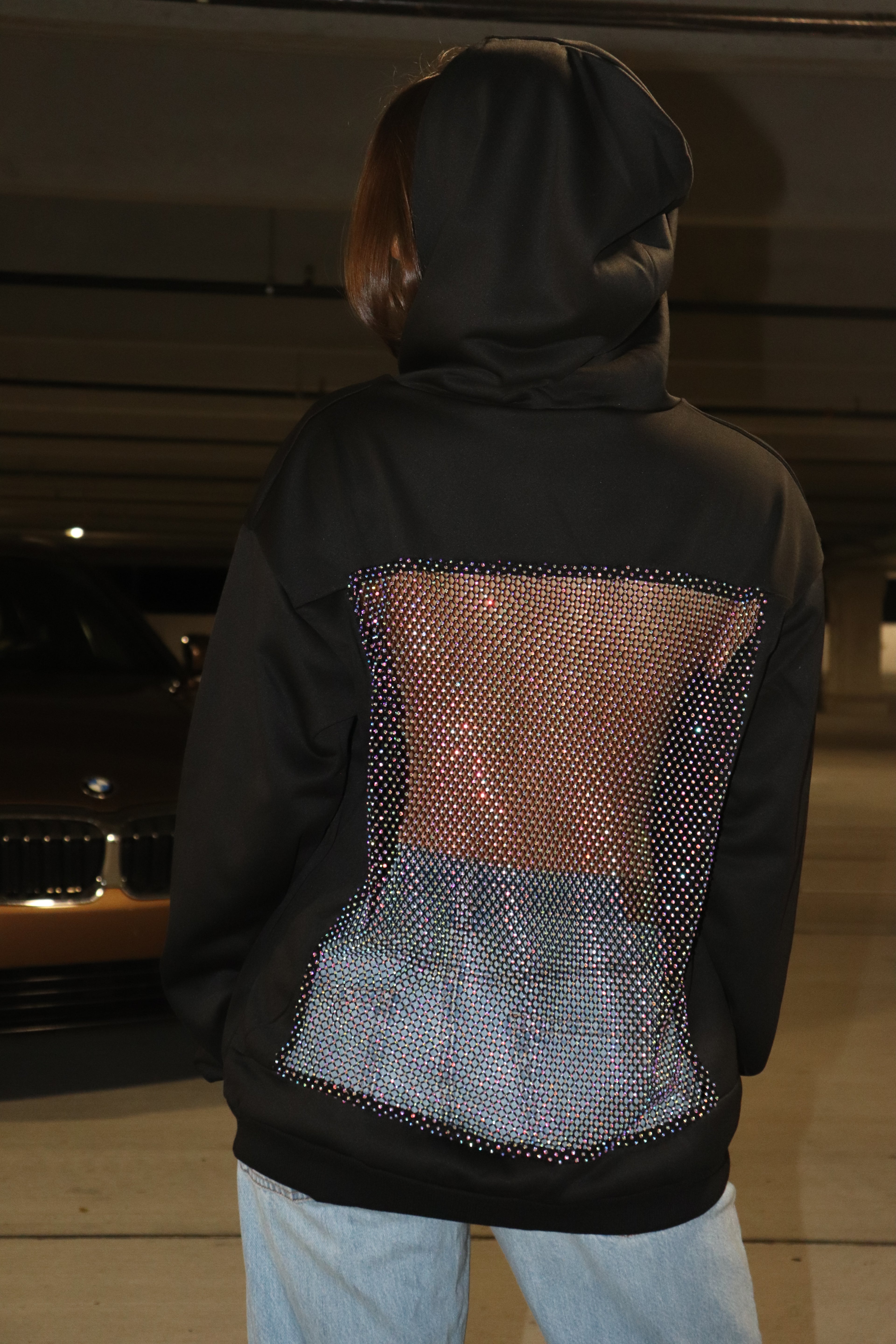 Backless Rhinestone Fishnet Hoodie
