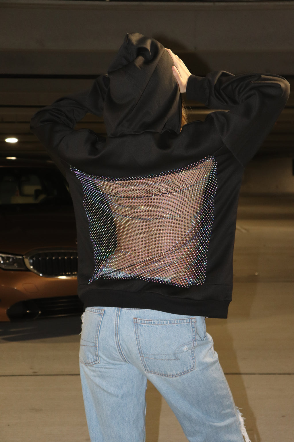Backless Rhinestone Fishnet Hoodie
