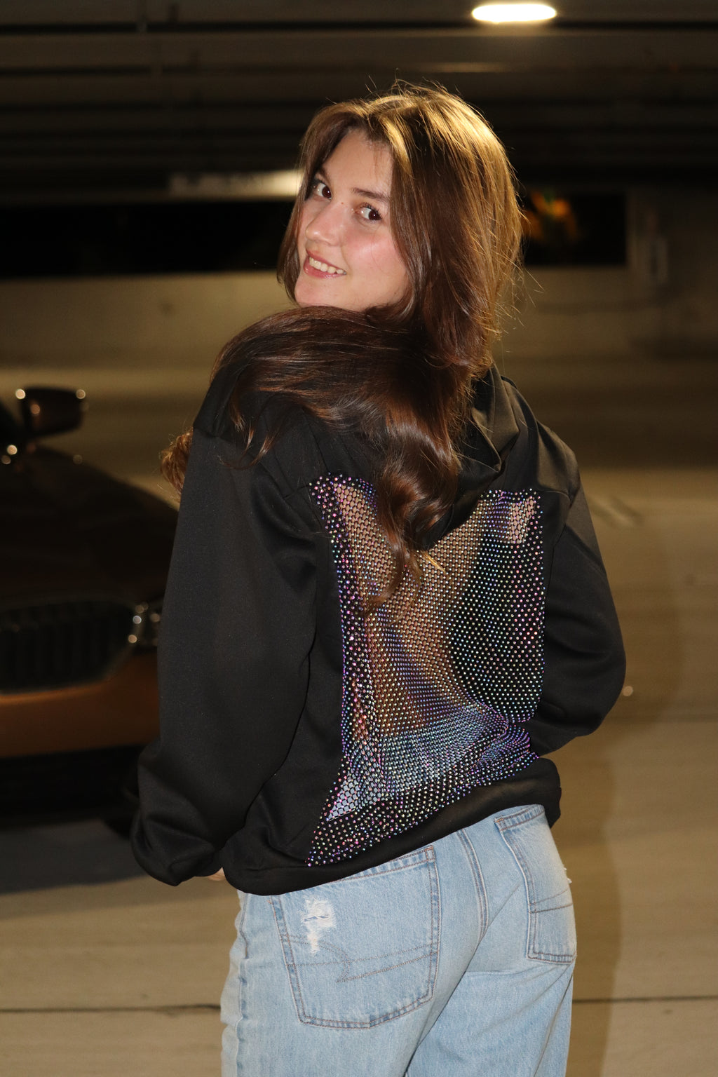 Backless Rhinestone Fishnet Hoodie