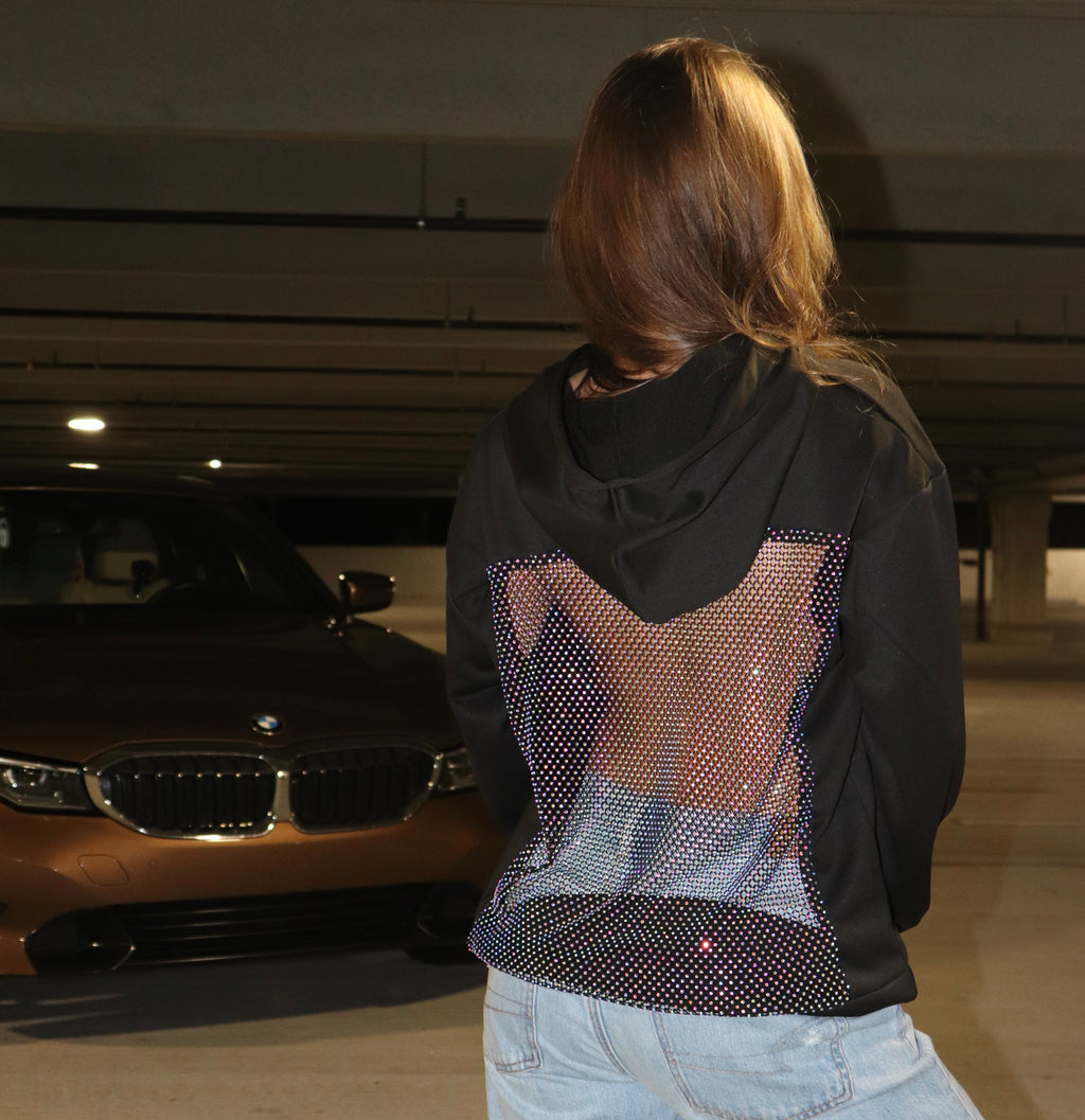 Backless Rhinestone Fishnet Hoodie