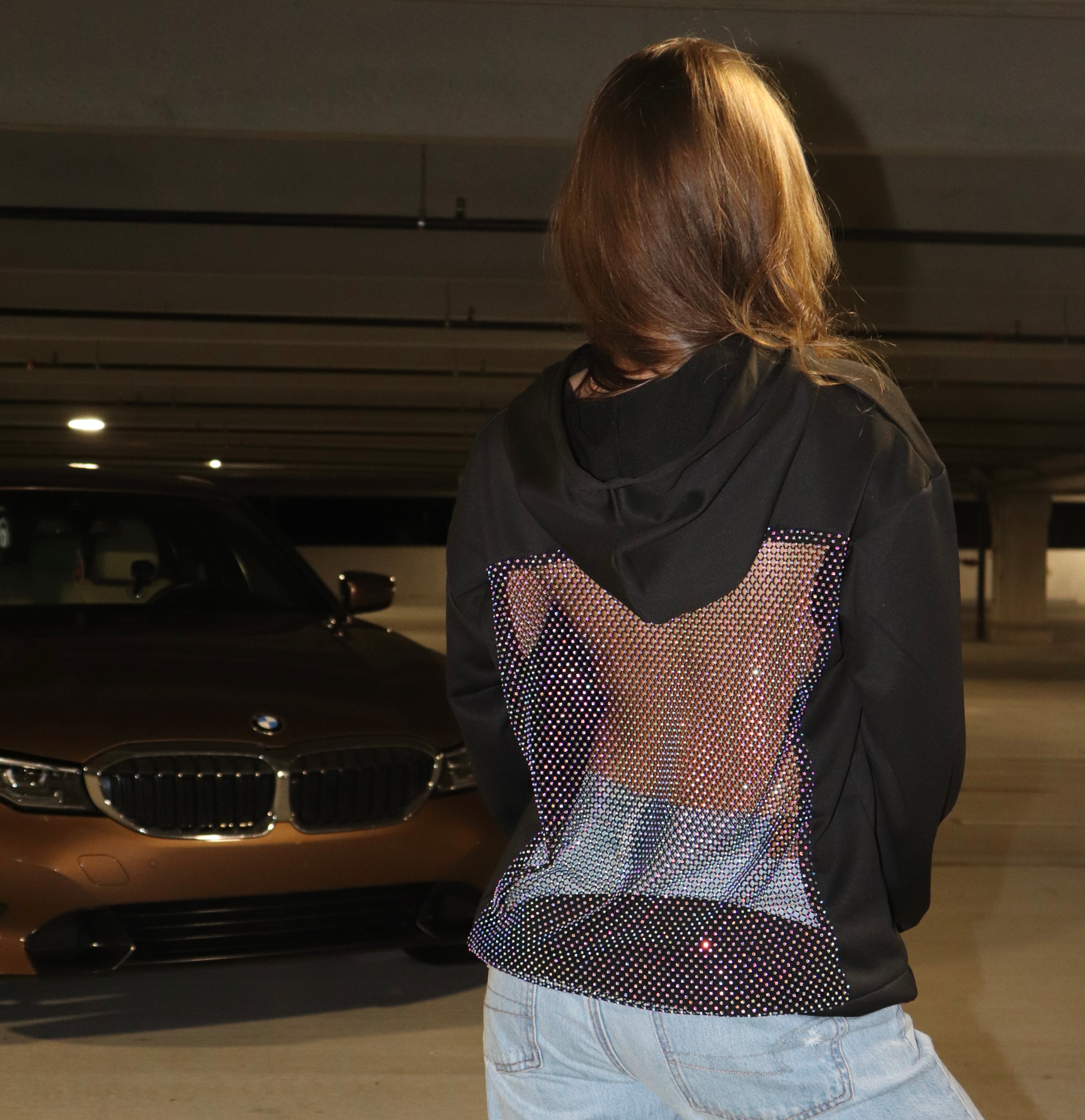 Backless Rhinestone Fishnet Hoodie